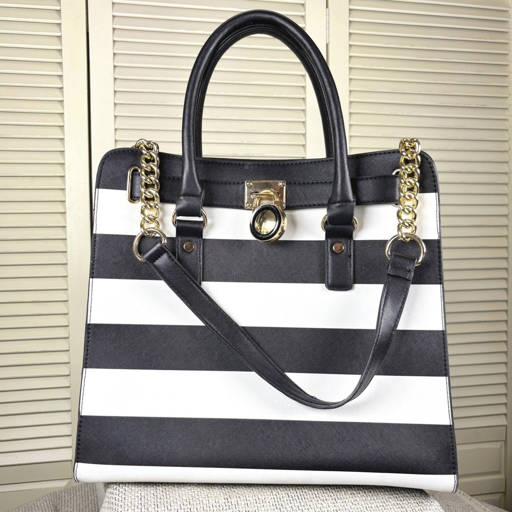 Bold Dasin Black White Striped Tote Modernist Gold Hardware Satchel Handbag Tote